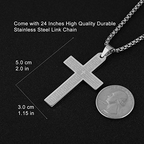 Hzman Stainless Steel Mens Womens Cross Necklace Lord's Prayer Pendant, 4 Colors Available (Silver) #TOP3