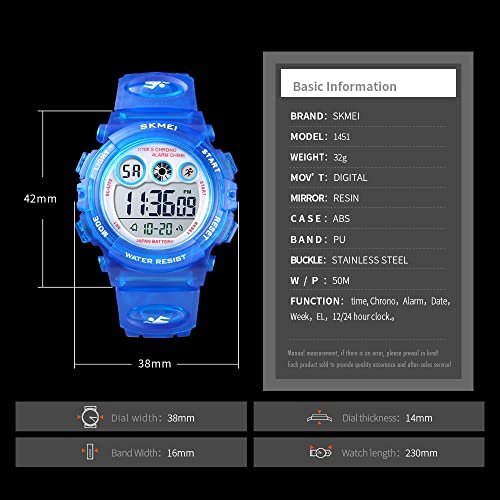 Skmei Kids Sports Watch, Multi Function Digital Kids Watches Waterproof LED Light Wristwatches for Boys Girls (Black) - Thumbnail 5