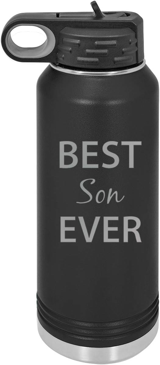 CustomGiftsNow Best Son Ever Double Wall Insulated Stainless Steel Engraved Sports Water Bottle with Flip Top Lid, Straw