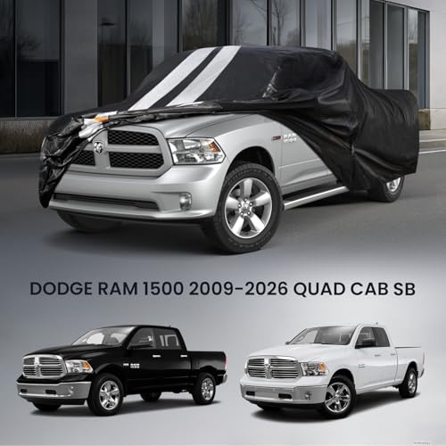 Image of Dodge Ram 1500 Truck Cover Custom Fit 2009-2026 Quad Cab Short Bed(6.1') with Door Zipper, 10 Layer Outdoor Heavy Truck Cover Waterproof All Weather, Car Tarp for Wind Dust Sun UV Protection.