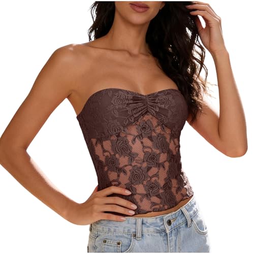 Women's Strapless Lace Tube Tops Y2K Sheer Mesh Bandeau Crop Tank Top Summer Sexy Camisole Shirt Going Out Clothes Coffee-XL