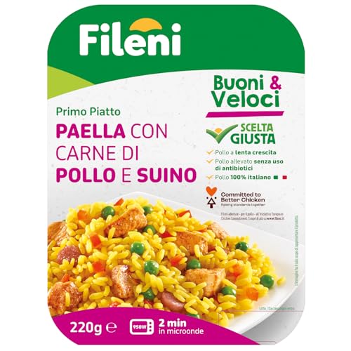 Fileni - Paella con Carne di Pollo e Suino 220 g - Buoni & Veloci - Carne 100% Italiana - Pollo Allevato Senza Uso di Antibiotici - 2 Porzioni