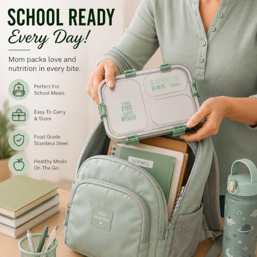 Image of Stainless Steel Lunch Box with 3 Compartments Leak Proof Airtight Lid BPA Free Food Storage Container Durable Portable Bento Tiffin for Kids, School Picnic (3 Green)