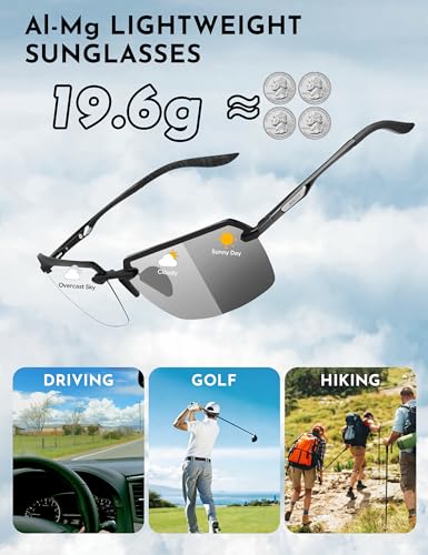 Image of BIRCEN Mens Metal Photochromic Sunglasses: UV Protection Al-Mg Sun Glasses Ultra-light Rimless Shades for Driving Cycling