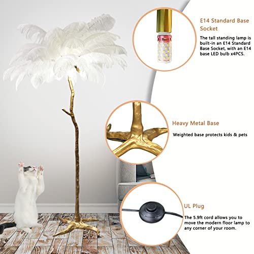 38°Garden Natural Ostrich Feather Floor Lamp 35 Pieces Feather Standing Bedside Lamps With Foot Switch Dimmable Modern Gold Luxury Led Bulbs Included Resin Decor Lighting For Bedrooms Living Room #TOP3