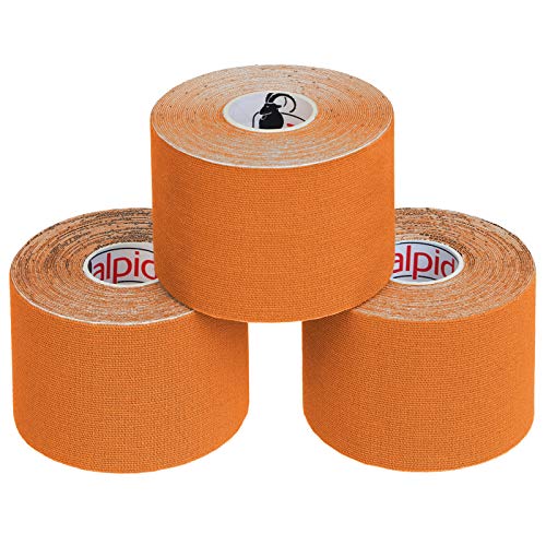 ALPIDEX Kinesiologie Tape 1/3/ 6/12 Rollen Viele Farben 5 m x 5 cm Anwendungsbroschüre Elastisch Wasserfest Hautfreundlich Physio Muskel Tape Set, Farbe:orange, Menge:3 Rollen