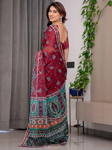 Image of ALMAARI FASHIONWomen's Floral Printed Organza Saree with Unstitched Blouse Piece | Traditional Ethnic Wear Sarees | Soft Lightweight Ethnic Office Wear Daily Wear Indian Sari (ORGANZA 121-130 H)