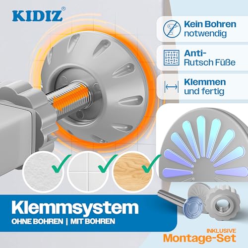 KIDIZ Treppenschutzgitter ohne Bohren | Verstellbare Breite: 74-80 cm, 75 cm hoch, Türschutzgitter und Absperrgitter für Kinder und Hunde, Beidseitige Einhand Öffnung, 90° Open-Stop System, Grau