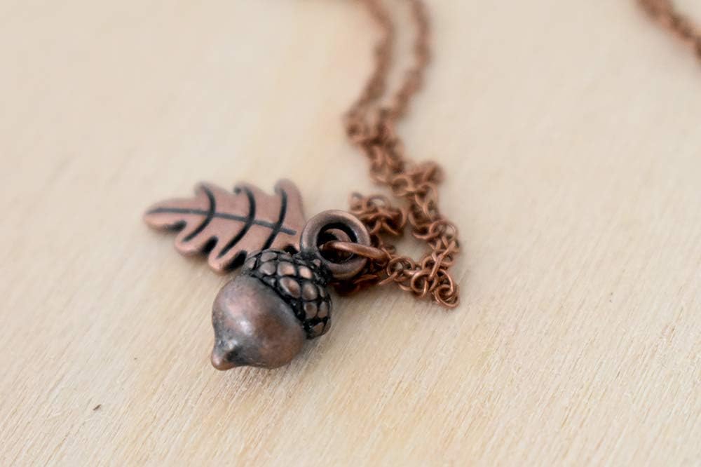 Enchanted Leaves - Tiny Copper Acorn Necklace - Cute Fall Acorn and Oak Leaf Charm Necklace - Image 6