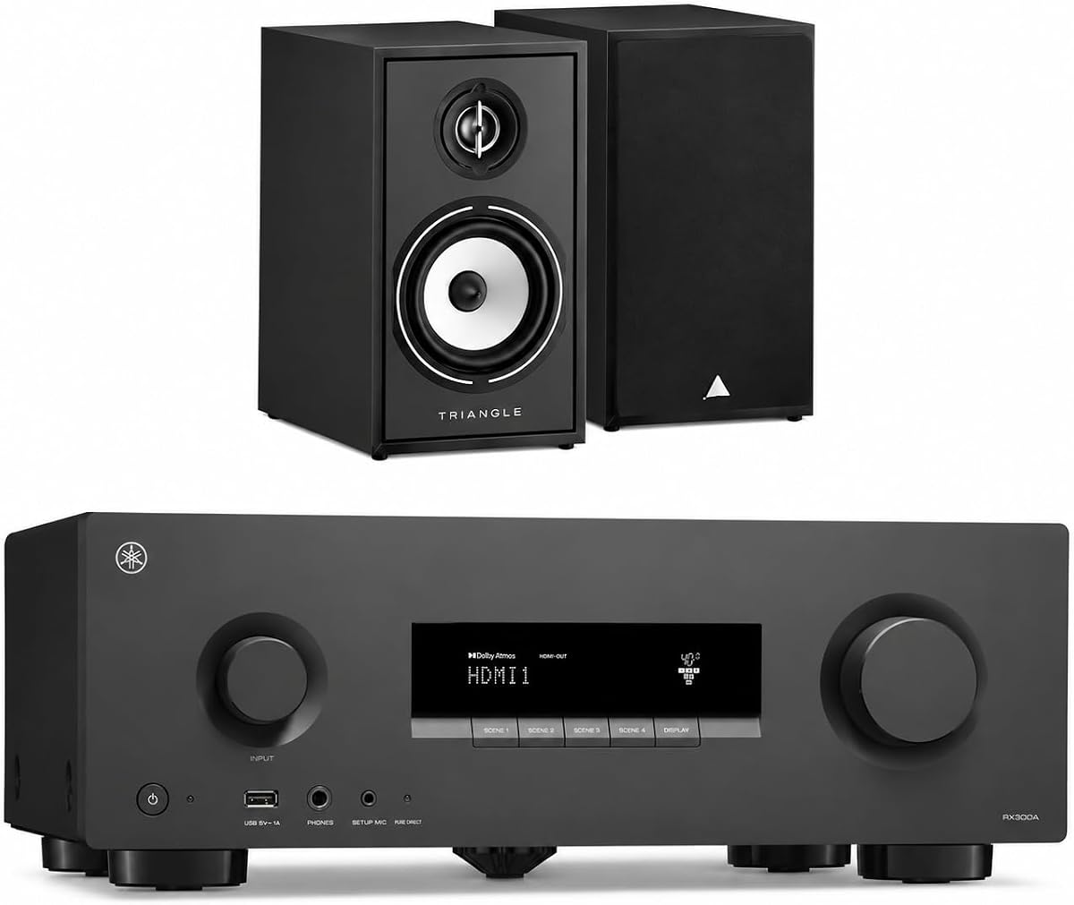 Yamaha RX300A 5.2-Channel Home Theater AV Receiver with Dolby Atmos, 4K120/8K HDMI and Bluetooth Multipoint (Black) with Triangle Borea BR02 Hi-Fi Bookshelf Speakers (Black Ash, Pair)