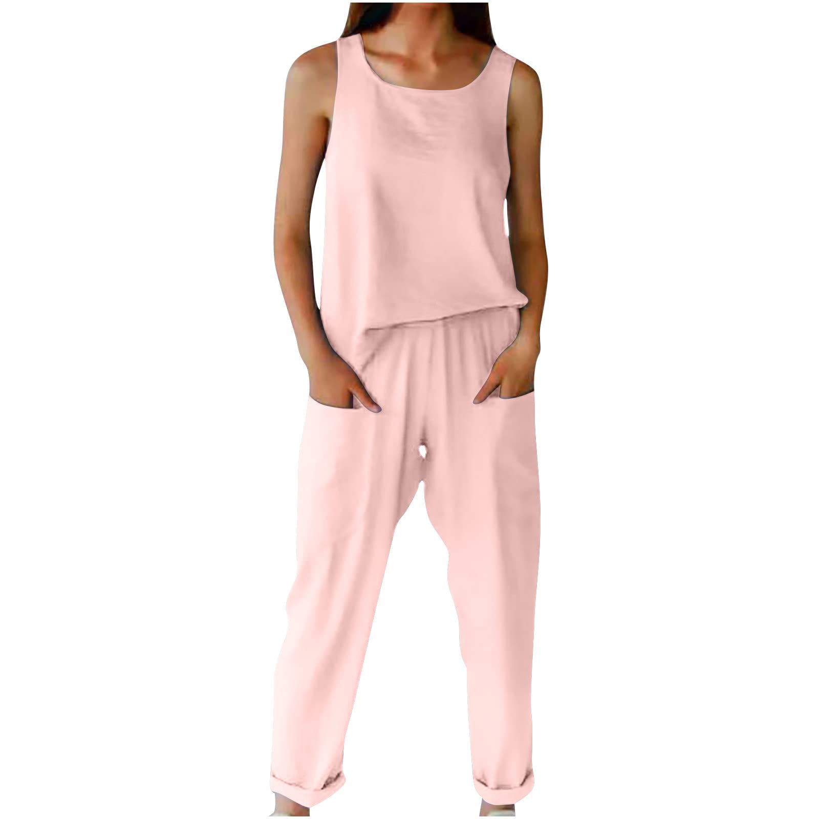 Casual Two Piece Outfits for Women Sleeveless Plsu Size Tank Tops and Shorts/Pants Sets Summer Lounge Workout Matching Sets