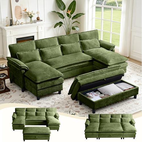 105" U Shaped Cloud Couch Set with Long Storage Ottoman, Comfy Chenille Convertible Sectional Sofa | Lumbar Pillow, Double Chaise, Deep Seat, Modern 4 Seater Couches for Living Room/Apartment, Green