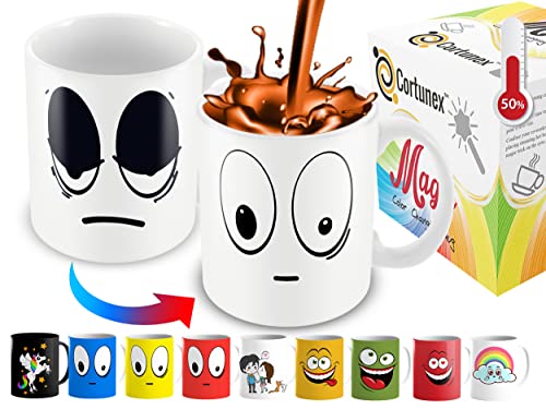 Cortunex Color Changing Mug - 11 Oz Ceramic Heat Changing Mug with Funny White Wake Up Cartoon Smiley Face - Unique Gift for Men and Women