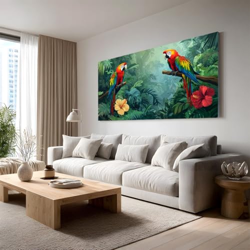 Tableau pour Salon Jungle Perroquet Toile Murale Exotique Fleur dHibiscus 50x100