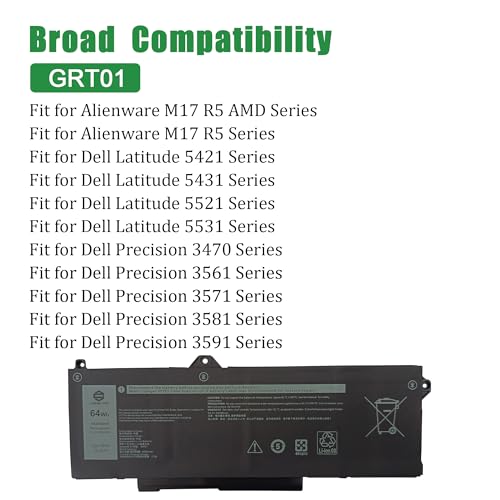 Image of GRT01 Laptop Battery Replacement for Dell Latitude 5421 5431 5521 5531 Precision 3470 3561 3571 3581 3591 Series Notebook 00P3TJ 0P3TJ 0R05P0 R05P0 Black 15.2V 64Wh 4000mAh