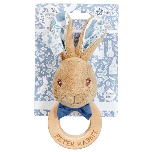 Rainbow Designs Peter Rabbit Wooden Ring Rattle - Multi-Texture Beatrix Potter Baby Toy for Teething - Sustainable Wood and Plush Fabric