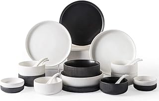 Romantic Ceramics Dinner Sets, 22 Pieces Black and White Relief Vertical Stripes Dinnerware - Bowl/Dish/SpoonMatte Glazed Porcelain Dinner Plates Combination Set