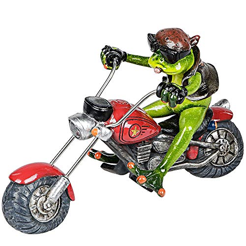Formano Deko-Frosch 'Biker', Länge: 22 cm, aus Kunststein, Hellgrün-Grau, 1 Stück, von Hand Gefertigt und Bemalt