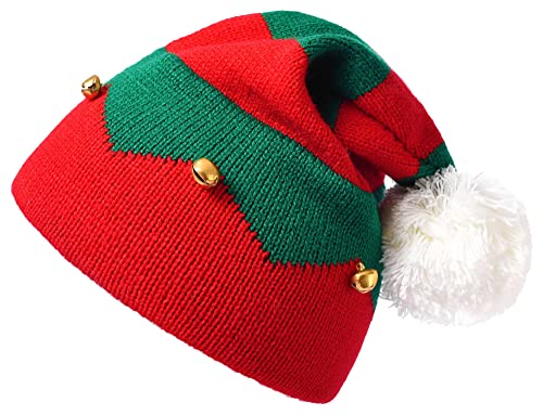 Vikodah Christmas Knitted Beanies Hat - Elf Knitted Hat Santa Clause Knitting Beanie Hat with Pompom for Adult Teens, Red, Medium