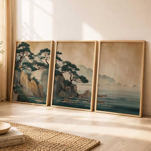 Image of kotart Big Aesthetic Nature Art Wall Framed Posters | Japanese Nature View Framed Poster for Living Room Bedroom Wall Decor Set Of 3 (14x20 Inch)