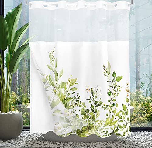 Tititex No Hooks Snap in Liner Fragile Sprout Grass Green Eucalyptus Leaves Shower Curtain Sets, Hotel Luxury Double Layers Waterproof Fabric & See-Through Top Window Bathroom Decorative 72x72 Inch - Thumbnail 3