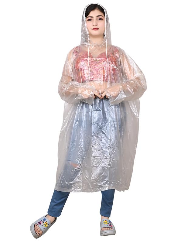dressify PVC Transparent Water Proof Reusable Poncho/Raincoat/Rainwear with Hoodie & Travel Pouch (Multicolor, Free Size) White Color-picture-32