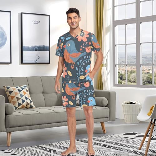 Men's Pajama Set Birds Flowers Print Short Sleeve with Shorts Pockets Sleepwear Set Summer Loungewear4