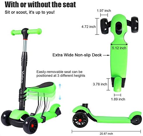 YOLEO Kids Three Wheel Kick Scooter with Removable Seat, LED Flashing Wheels, Height Adjustable, 3-in-1 Lightweight Children's Scooter Boys and Girls for Aged 2-8