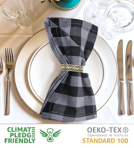 Urban Villa Cotton Dinner Napkins Set of 6, Highly Absorbent 20x20 Inches Premium Cloth Napkins Hotel Quality Reusable & Washable Table Dinner Napkins for Home & Weddings - Grey/Black, Checks