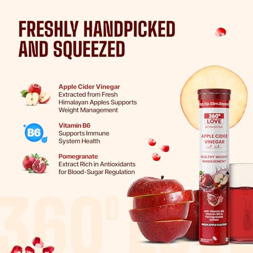 Image of Apple Cider Vinegar Tablets with Mother | Improves Metabolism Promotes Glowing Skin Supports Detoxification Vitamin B6, B12 & Pomegranate Extract 20 Effervescent Tablets (Pack of 1, Green Apple)