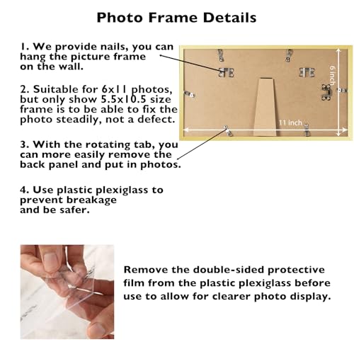 Image of JCJMY 6x11 Picture Frame Gold for Wall Hanging or Tabletop, Wall Mounting Horizontally or Vertically, 6 x 11 Wall Gallery Poster Photo Frame with Shatter Resistant Plexiglass, Gold