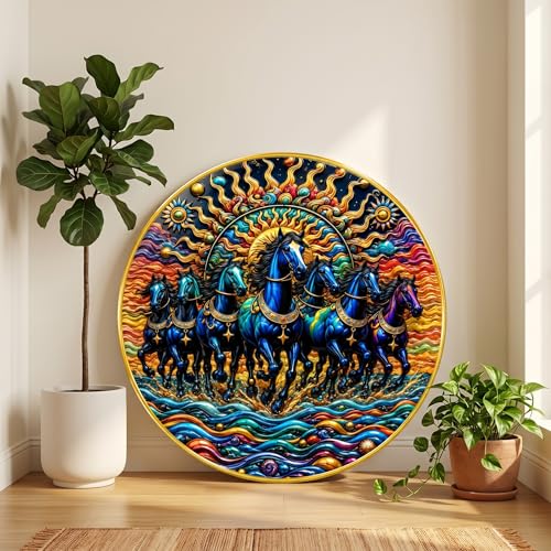 Image of SAF 7 Horse Vastu Round Wall Painting with Premium PVC Golden Frame, Colorful Blue Running Horses Sun Ocean Art for Living Room Office Home Decor Gift (23 x 23 Inch) GR-459