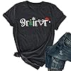 Christmas Believe Tree Shirt Cute Short Sleeve Christmas Graphic Tee Shirts Tops for Women Christmas Shirts Gray