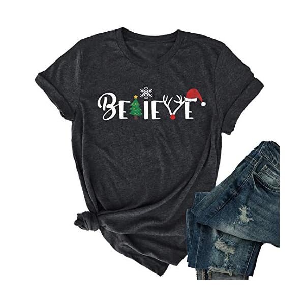 Christmas Believe Tree Shirt Cute Short Sleeve Christmas Graphic Tee Shirts Tops for Women Christmas Shirts Gray