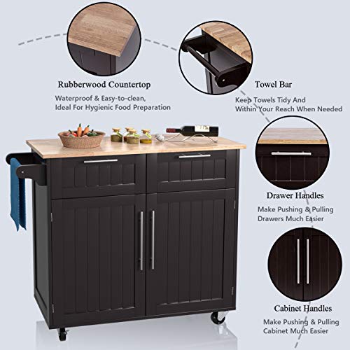 Giantex Kitchen Island Cart Rolling Storage Trolley Cart Farmhouse Islands Home Coffee Bar Serving Utility Cart With Drawers,Cabinet, Towel Rack And Wood Top #TOP5