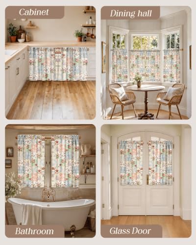 Image of Miss Adola Boho Kitchen Curtains - 45 Inch Length Linen Blend Vintage Floral Cafe Curtains Country Tier Curtain Short Drapes Rod Pocket for Bathroom Living Room Windows Light Filtering, 2 Panels