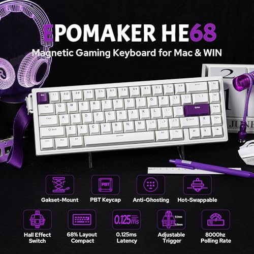 Image of EPOMAKER HE68 Wired Magnetic Gaming Keyboard, 8K Polling Rate, 0.125ms Latency, RGB Backlit, Board Mount, USB-A to C, Portable for Mac /PC /PS /Switch (White)