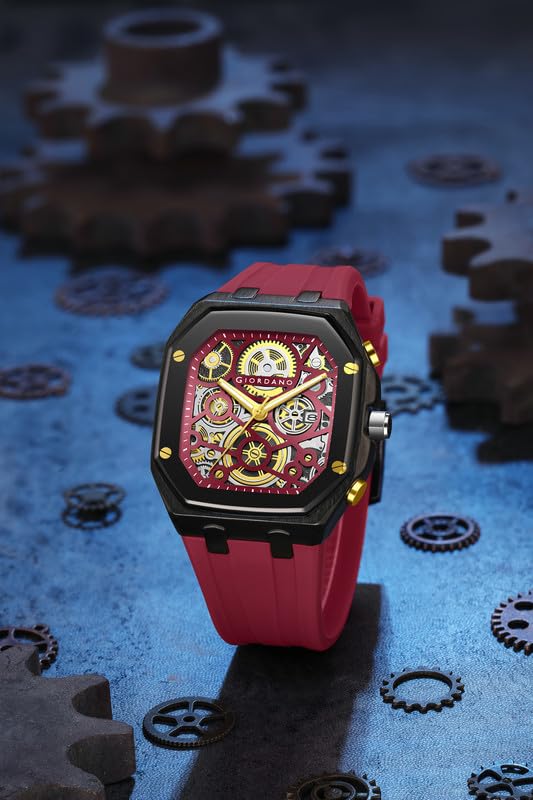Image of Giordano Analog Quartz Watch for Men with Octagonal Skeleton Dial, Exposed Gear Design, Date Display and Silicone Strap - GZ-50221