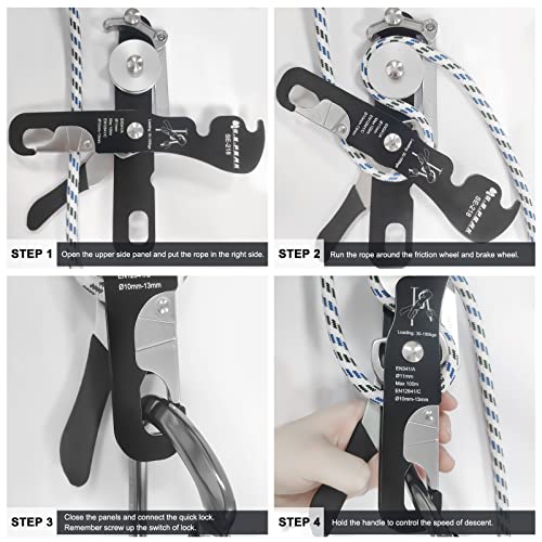 S.E.PEAK Climbing Double Stop Descender Self-Braking Self Locking Rappelling Belay Devices for 10-13mm Rope for Rescue & Arborist/Anti-Panic, Hand Control, Black