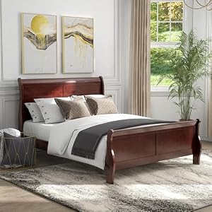 Furniture of America Louis Philippe Traditional Wood Bed Frame with Headboard and Footboard Elegant Sleigh Design Bedframe for Bedroom Guest Room Easy Assembly Box Spring Required Queen Cherry