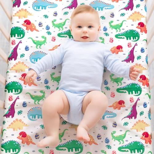 4 Pack Baby Boy Crib Sheets Set Soft Fitted Baby Boy Mattress Covers Construction Truck or Dinosaur Theme Breathable Toddler Sheets for Infant Boys (Dinosaur, Crib Sheets)