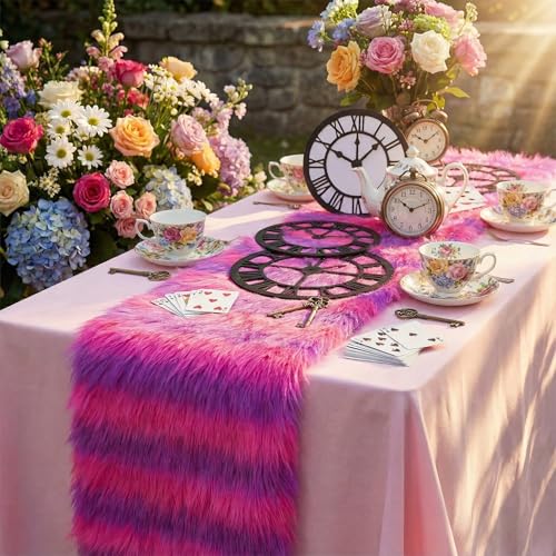 Frienda 1 Pc Wonderland Tea Party Decoration 12 x 63 in Pink Striped Table Runner Wonderland Garden Tea Party Decoration Pink Table Runner for Garden Birthday Baby Shower Supply Photo Props (Plush)