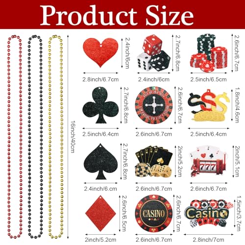 36 Pcs Casino Night Beaded Necklaces 12 Styles Dice Poker Dollar Sign Necklaces Casino Theme Gold Red Black Necklaces Jewelry Accessories for Casino Party Favors2
