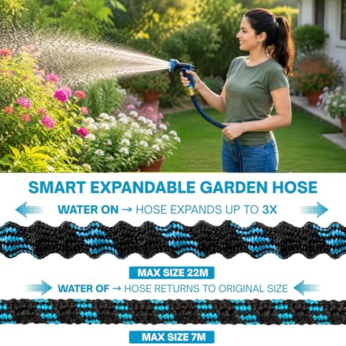 Image of Expandable Telescopic Garden Hose 75FT with 10 Spray Patterns Nozzle |Flexible Water Hose Pipe with 3 /4 Inch & 1 /2 Inch Fittings, Brass Connectors, Leak Proof & Kink Free for Car Washing |Black&Blue