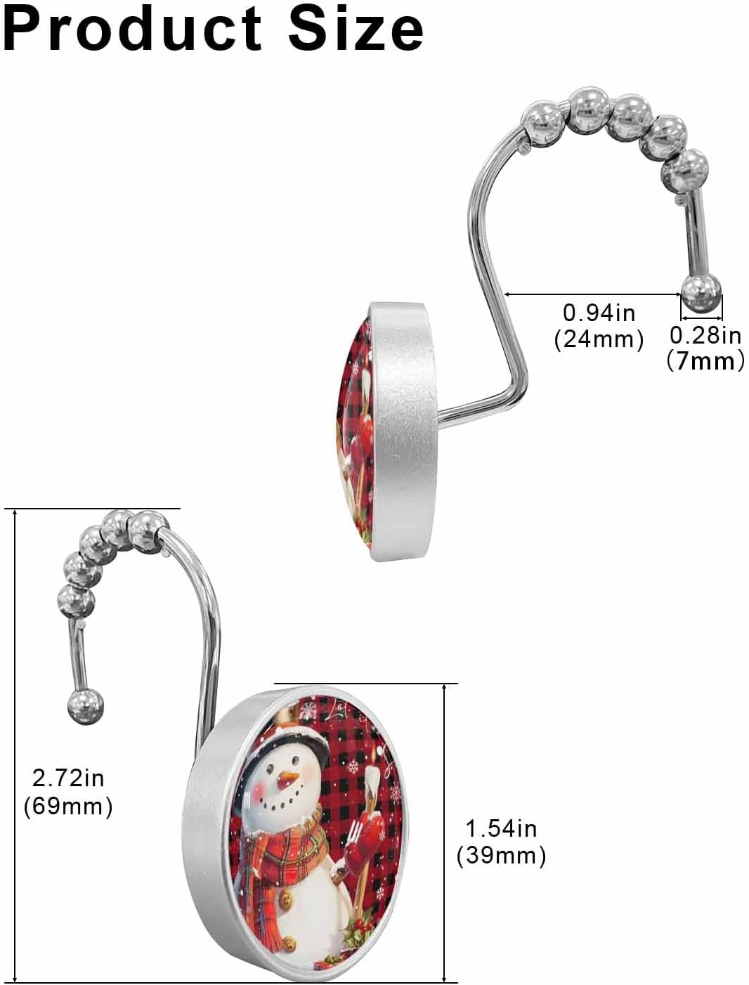 Shower Curtain Hooks 12 Pcs Christmas Xmas Snowman Lights Snowflakes Red Black Plaid Stainless Steel Rust Proof Rolling Shower Curtain Rings, Decorative Shower Curtain Hooks Hangers for Bathroom