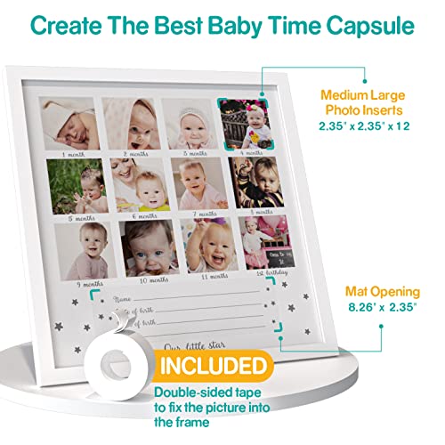 1Dino My First Year Baby Keepsake Picture Frame - 13.2"X 13.2" White Wood Baby Frame Hold 12 Months Photo Inserts - Newborn Baby Registry, Shower Gift For Boys And Girls, Wall Or Desk Nursery Decor #TOP1