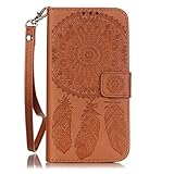 Samsung S7 case,[Wallet Stand] embossing PU Leather Wallet Flip Protective Case with Card Slots and Wrist Strap for S7 Case (brown)