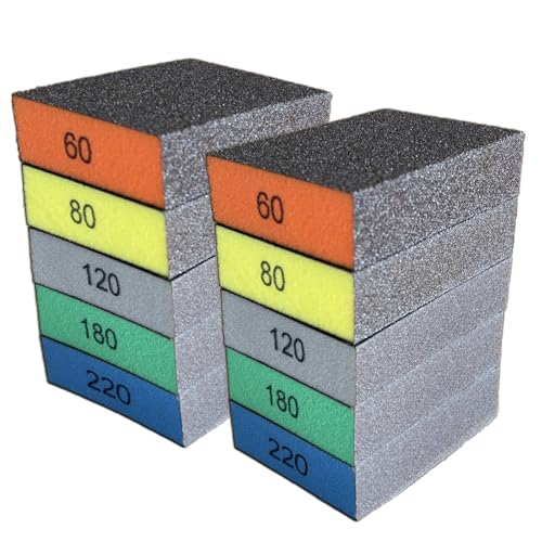 10-Pack Sanding Sponge, Five Grits Per Pack (60/80/120/180/220), Washable & Reusable Sanding Block for Wood, Drywall, Metal, and Glazing, Ergonomic Hand Sanding Tool