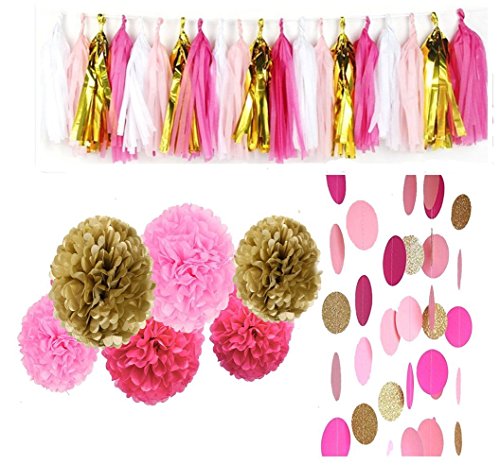 28 pcs Rose Pink Glitter Gold Tissue Paper Pom Pom Tissue Pom Pom Paper Tassel Garland Polka Circle Dot Paper Garland for Decor Wedding Bridal Pink Gold Birthday Baby Shower