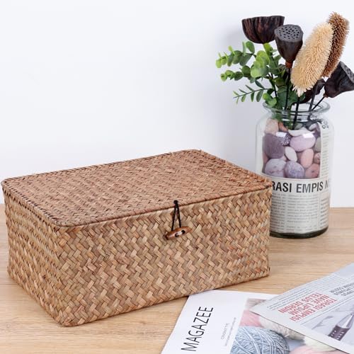 Panier rectangulaire osier tissé à la main boîte de rangement premium avec couvercle - 5